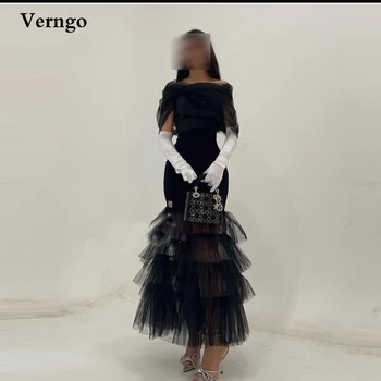 Verngo Preto de Moda de Saia em Camadas de Vestidos de Baile, Arábia árabe Fora do Ombro em Tule Sereia Vestido de Noite da Festa Formal Vestidos de