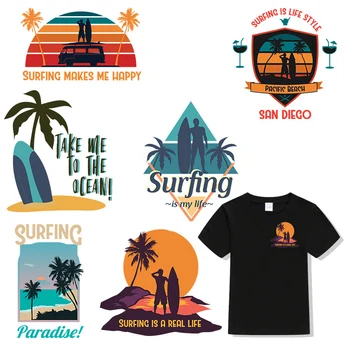 Verão, Praia, Surf, coqueiro de Ferro Em Patches Para o DIY de Transferência de Calor Roupas T-shirt de Transferência Térmica de Etiquetas de Impressão Decoração