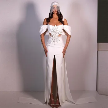 Xijun Cristal Branco Tiras de Cetim Sereia Vestidos de Baile, Fora o Ombro do Lado de Alta Dividir Vestido de Noite Capina Vestido de Festa 2022
