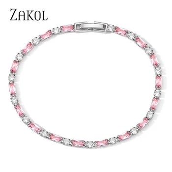 ZAKOL Simples cor-de-Rosa Retângulo Zirconia Cúbico Charme de Ténis de Pulseiras para Mulheres Meninas de Moda Festa de Casamento Jóias de Presente de Aniversário