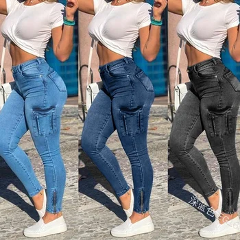 Zíper Plissado Moda das Mulheres de Calças Casuais Cintura Jeans Moda Verão feminina Jeans Apertado Retro Bolso de Calças